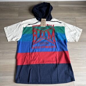 Vintage 90's BUM Equipment Colorblock Hoodie Shirt Men's XL Blue Red Striped NWT